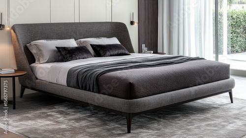 Gray upholstered bed with dark legs in a bedroom.