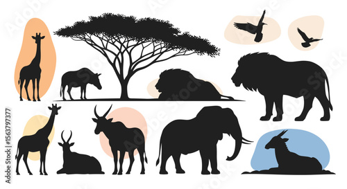 Majestic African Wildlife Silhouettes Featuring Majestic Animals Underneath the Acacia Tree Under the African Sun