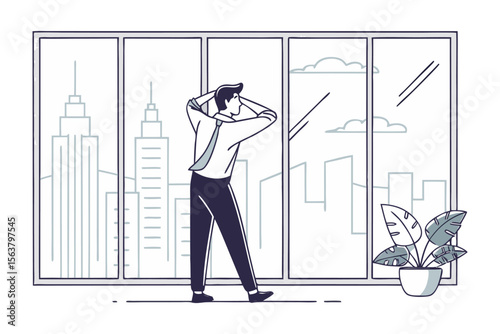 A businessman stands with his hands behind his head looking out a large window at a city skyline and cloudy sky
