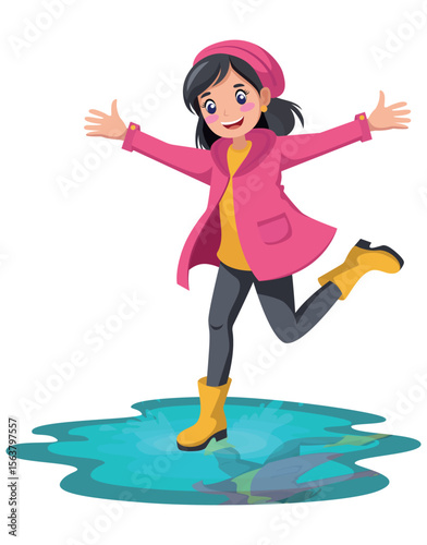 Happy Girl in Raincoat Jumping in Puddle