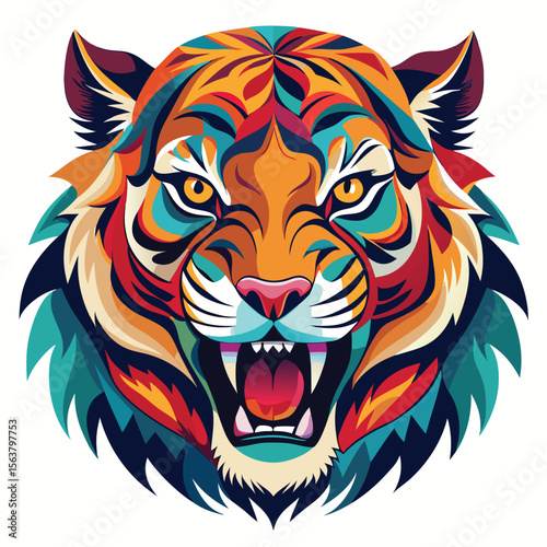 Vibrant tiger head illustration with bold colors and geometric shapes
