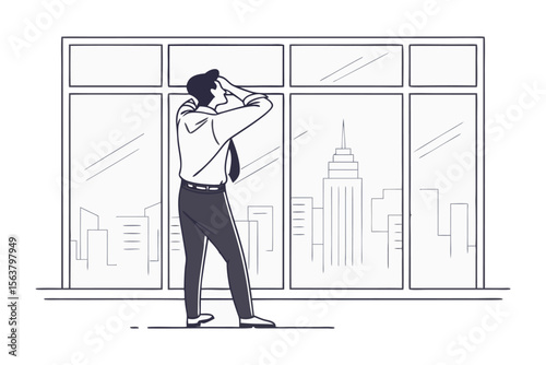Frustrated businessman with hands on head looking out office window at city skyline experiencing stress or despair