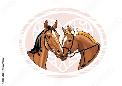 Portrait of two loving horses in a decorative frame with heart