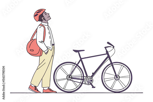 A stylishly dressed man wearing a helmet and carrying a satchel stands next to his bicycle looking upwards with a hopeful expression