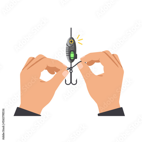 Flat icon of hands tying smart lure with LED indicator, isolated