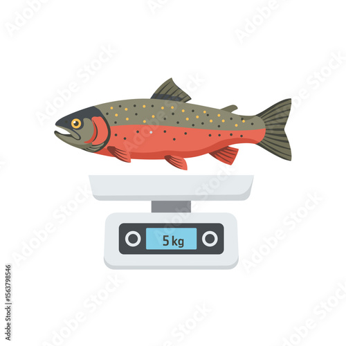 Flat icon of caught fish being weighed on smart kitchen scale