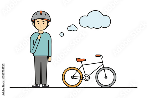 A person wearing a helmet stands thoughtfully next to a bicycle with a thought bubble above their head indicating contemplation