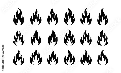 A collection of unique flame silhouette icons in a clean feature, slightly distressed, grunge texture overlay to evoke a vintage, easily editable.