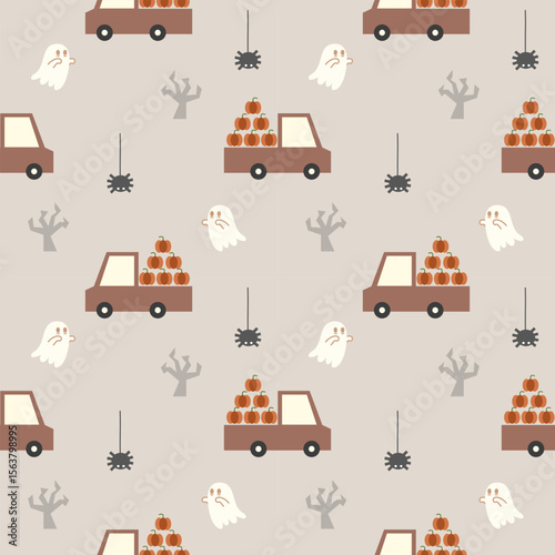 Truck pumpkin cartoon so cute. On tree ghost spider background. Welcome Halloween. Pattern seamless vector illustration. 