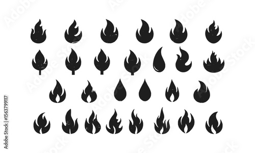 A collection of unique flame silhouette icons in a clean feature, slightly distressed, grunge texture overlay to evoke a vintage, easily editable.