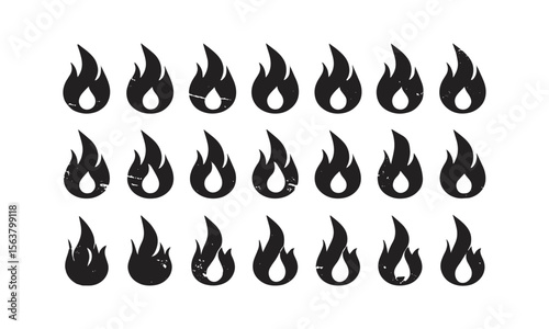 A collection of unique flame silhouette icons in a clean feature, slightly distressed, grunge texture overlay to evoke a vintage, easily editable.