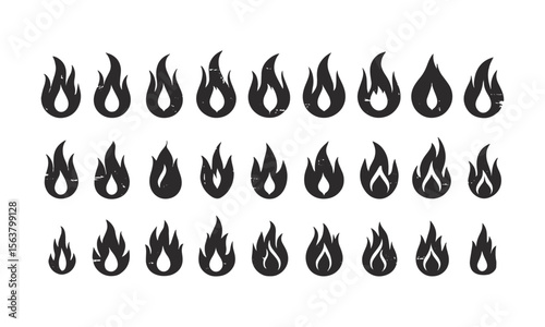 A collection of unique flame silhouette icons in a clean feature, slightly distressed, grunge texture overlay to evoke a vintage, easily editable.