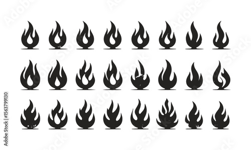 A collection of unique flame silhouette icons in a clean feature, slightly distressed, grunge texture overlay to evoke a vintage, easily editable.