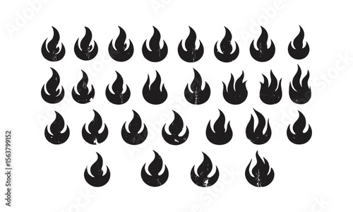 A collection of unique flame silhouette icons in a clean feature, slightly distressed, grunge texture overlay to evoke a vintage, easily editable.