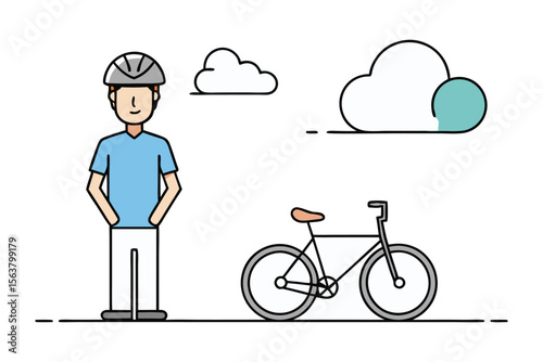 A cheerful person wearing a helmet stands beside a bicycle with stylized clouds floating in the background on a white canvas