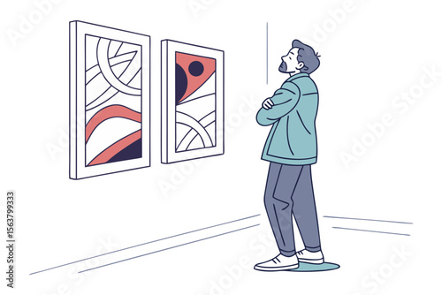 Man with arms crossed contemplates abstract art displayed on a gallery wall appreciating modern artistic expression
