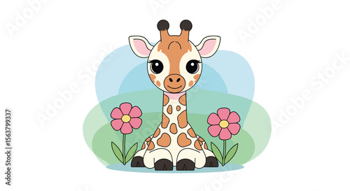 Adorable Cute Baby Giraffe Sitting Among Flowers in a Meadow Illustration for Children's Books and Designs