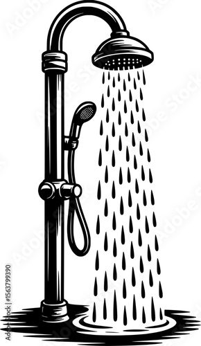 Bold linocut silhouette of beachside outdoor shower with water spray, ideal for summer designs and coastal branding
