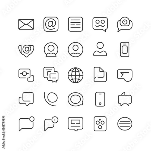  Communication & Media Line Icons – Minimalist Black and White Grid Set



















