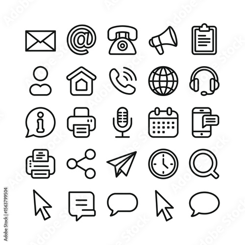  Communication & Media Line Icons – Minimalist Black and White Grid Set



















