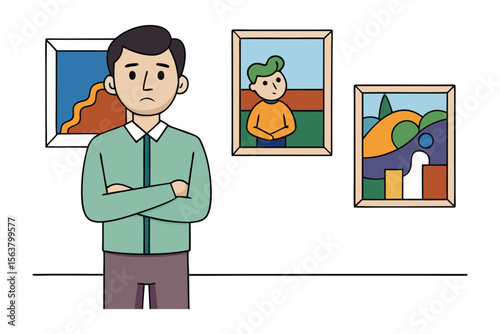 A sad man standing in an art gallery looking at abstract paintings on the wall