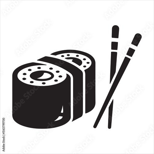 Simple black silhouette of sushi rolls with chopsticks on white background