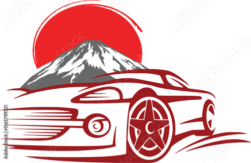 Silhouette of car with red sun and mountain 
