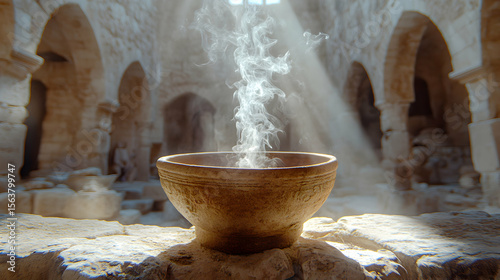 Mystical incense smoke rising from ancient bowl in sunlit stone ruins.  Spiritual, serene atmosphere.