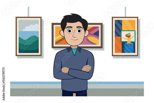 A smiling cartoon man with arms crossed stands confidently in front of three colorful abstract paintings in a gallery setting