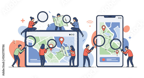 People Using Magnifying Glasses To Examine Digital Maps On A Tablet and Smartphone Demonstrating Geographic Research and Navigation Technology