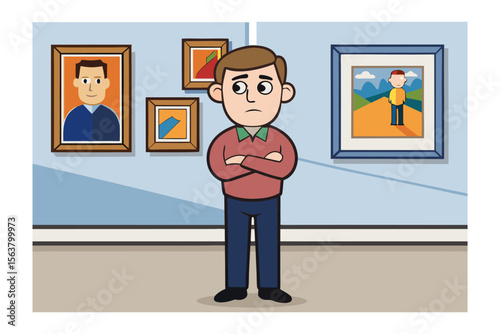 A man with a skeptical expression stands with his arms crossed in an art gallery observing various paintings on display