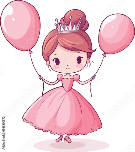 Happy little cartoon girl in a pink dress with heart balloons, a joyful illustration of childhood fun