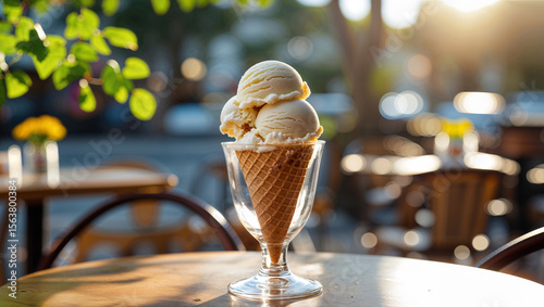 photo of a colorful ice cream cone held up under the bright summer sun
