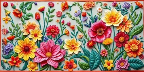 Vibrant embroidered floral tapestry, whimsical botanical garden design, stitched, textile