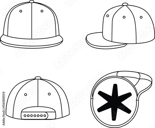 Baseball Cap Line Art, Snapback Hat Vector, Fashion Accessory Outline, Apparel Mockup Design, Headwear Illustration, Stylish Graphic Drawing for Designers