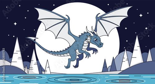 A Majestic Blue Dragon Soars Through the Starry Night Sky Above a Reflective Lake with a Brilliant Full Moon Behind It