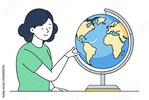 A smiling person points to a colorful globe on a stand representing learning about geography and the world