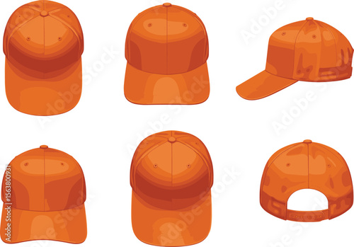 Multi-view technical sketch of orange baseball cap with structured brim, front, top, side, and rear views, adjustable strap, panel layout illustration