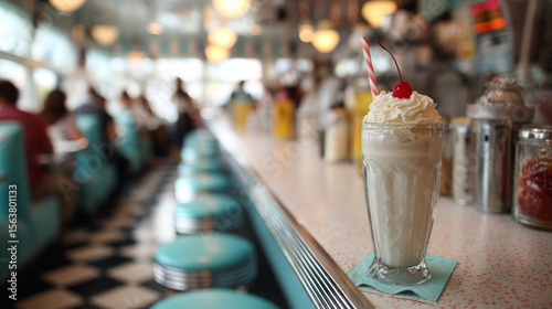 Refreshing creamy milkshake awaits on vintage diner counter, delightful nostalgic experience