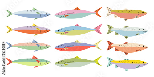 Hand drawn colorful fish illustrations. Sardine, mackerel, and trout in cartoon style. Flat sea fish clipart design for kitchen, cooking, packaging, and seafood market designs.
