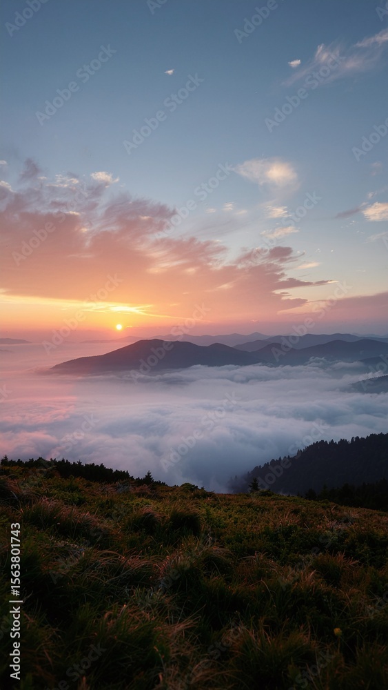 Fototapeta premium Serene Pastel Sunrise Over Misty Mountain Range