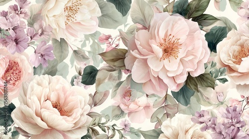 Fototapeta Naklejka Na Ścianę i Meble -  romantic pastel floral pattern with blush roses peonies and soft watercolor style