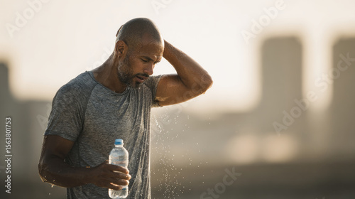 Exhausted athlete cooling down after workout, feeling relief while holding water