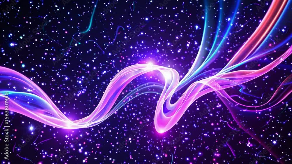 Colorful energy wave animation with glowing light trails and sparkling particles in cosmic space, futuristic motion graphic for digital abstract backgrounds