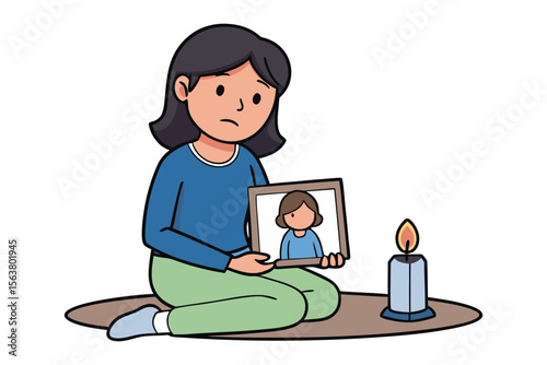 A sad person holds a photograph of another person next to a lit candle evoking feelings of remembrance and loss