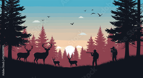 Pixel Art Forest Scene Featuring Deer and Hunters at Sunset with Birds Flying Overhead