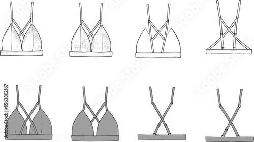 Multi-angle technical sketch of triangle bralette with double crossover straps, shaded and line-drawn versions, front, side, and back view layout