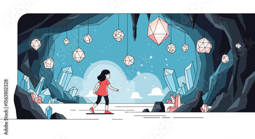 A young girl discovers a mystical cavern filled with shimmering crystals and floating lights in a wondrous underground world