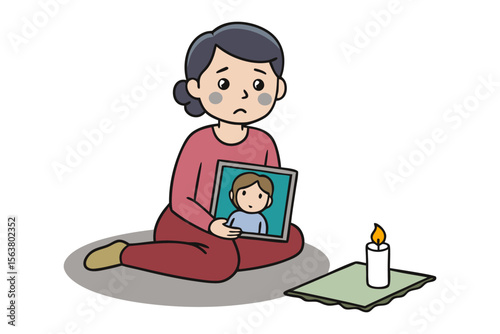 A sad woman mourns a lost child holding a photograph next to a lit candle on a white background
