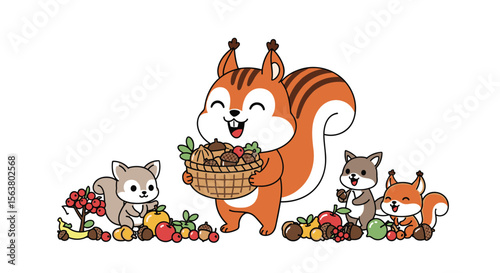 Happy Family of Squirrels Collecting Autumn Harvest of Fruits and Nuts a Joyful Scene